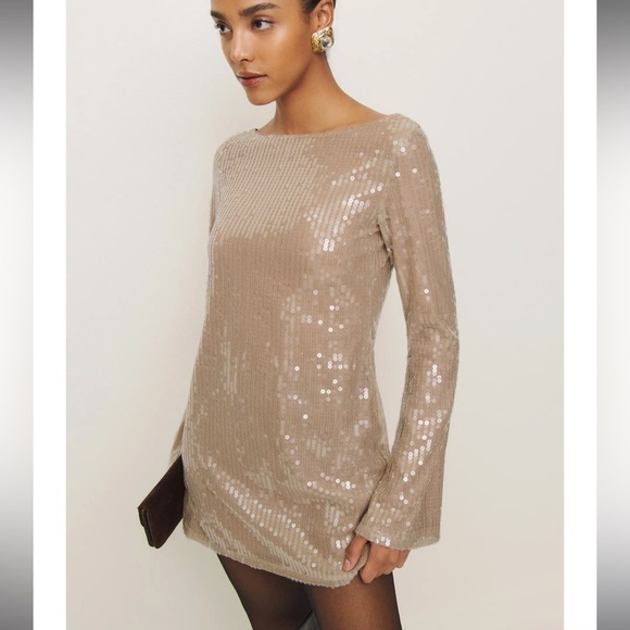 🦃NWT Reformation Sereia Sequin Long Sleeve Champagne Sequin Minidress - Picture 6 of 12